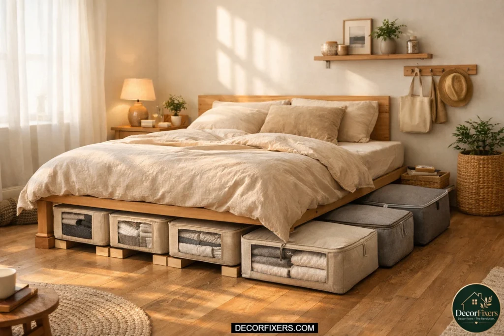 Platform bed on risers in a small bedroom revealing multiple organized fabric under-bed storage boxes in a minimalist renter-friendly room