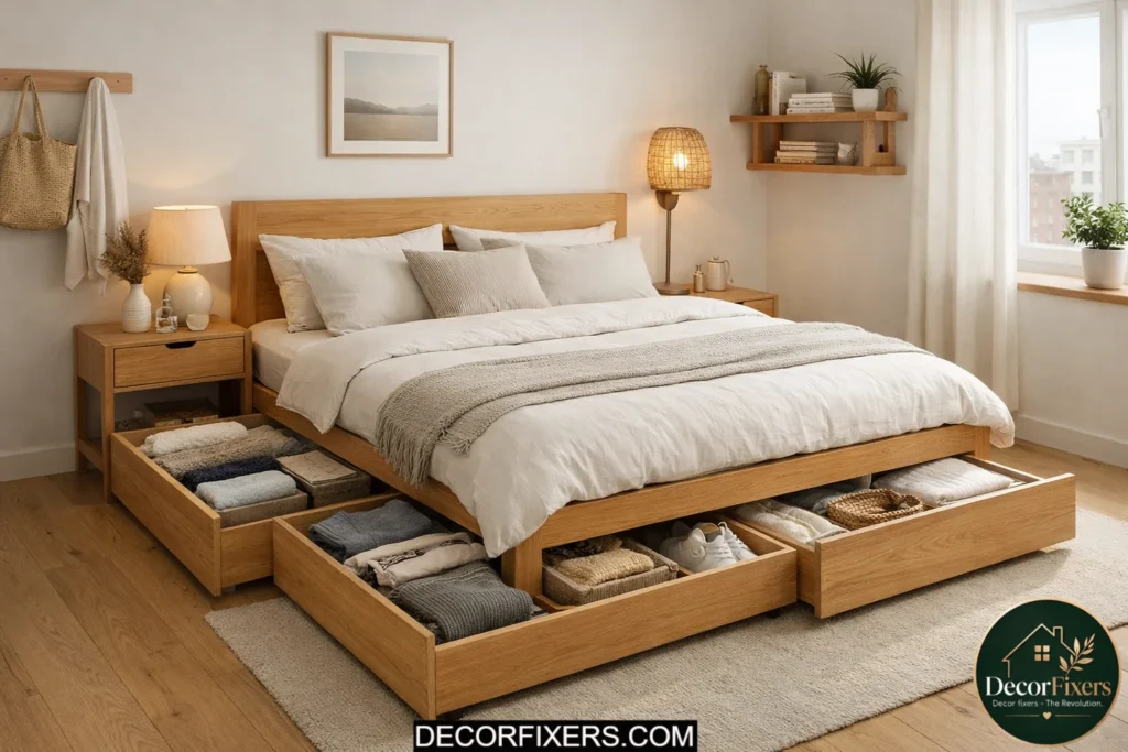 Scandinavian bedroom with hidden under-bed storage and minimalist decor.