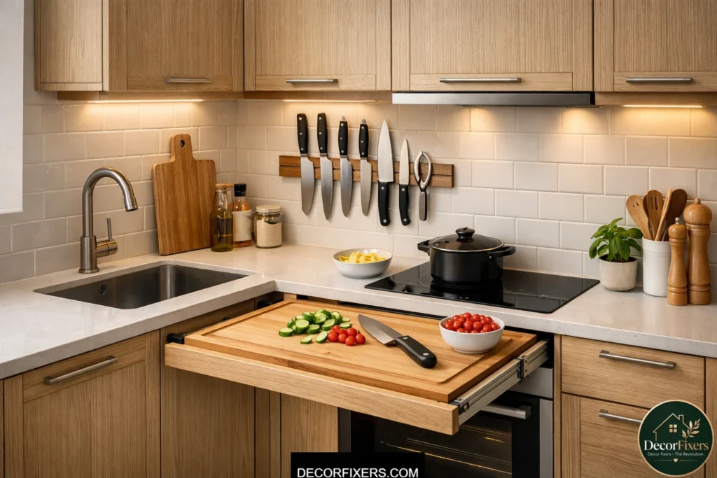 Under-cabinet knife storage and pull-out cutting board in compact kitchen