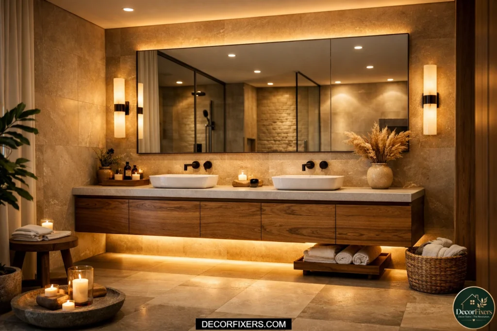 Floating bathroom vanity with warm under-cabinet LED lighting.