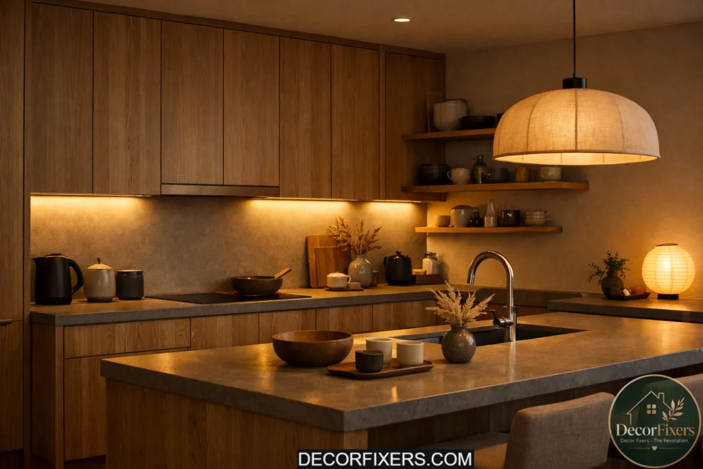 Japandi kitchen illuminated by warm under-cabinet LED lighting.