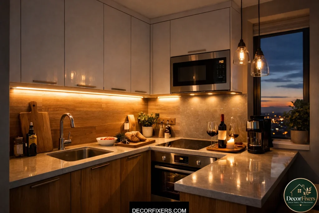 Under-cabinet LED strip lighting brightening a small kitchen