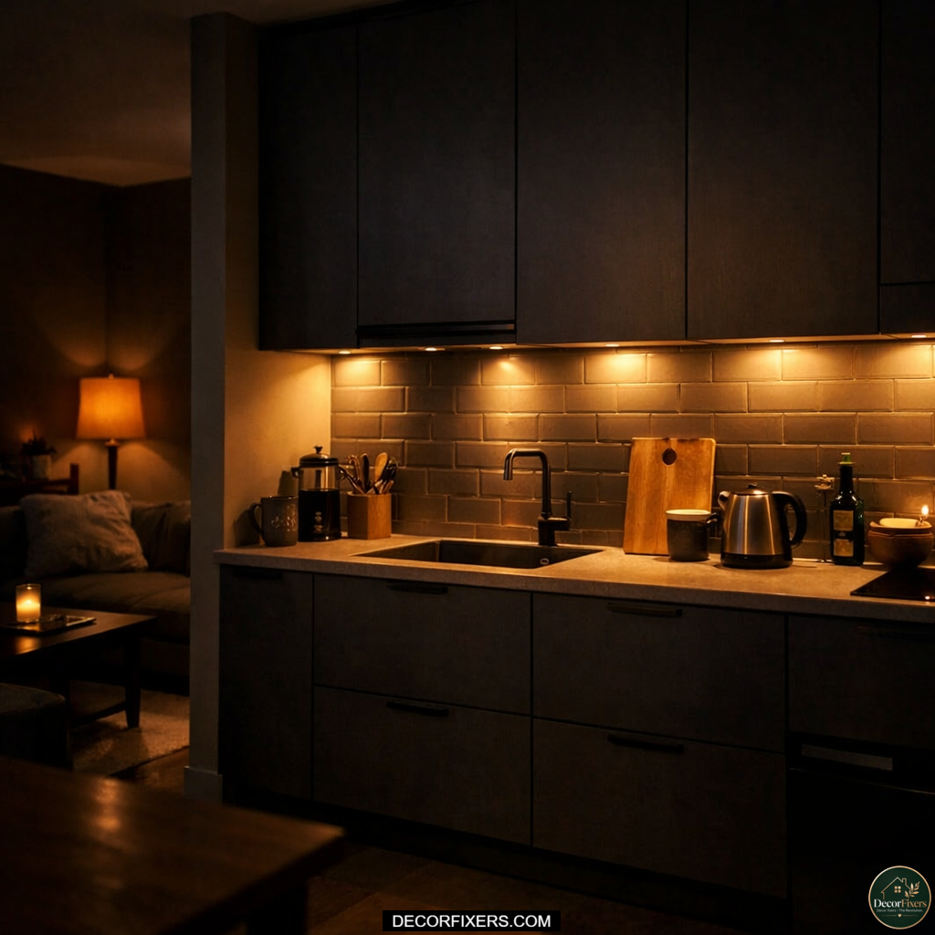 Warm LED lighting defining a compact open-plan kitchen