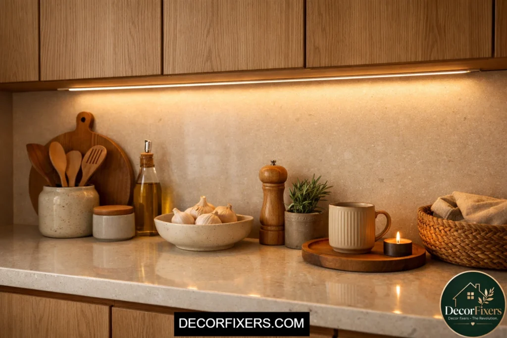 Warm LED strip lighting in Scandinavian kitchen