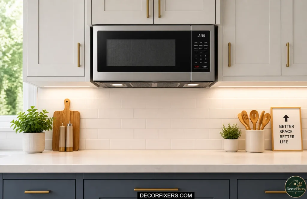 A microwave mounted under upper kitchen cabinets using a bracket, freeing up counter space below