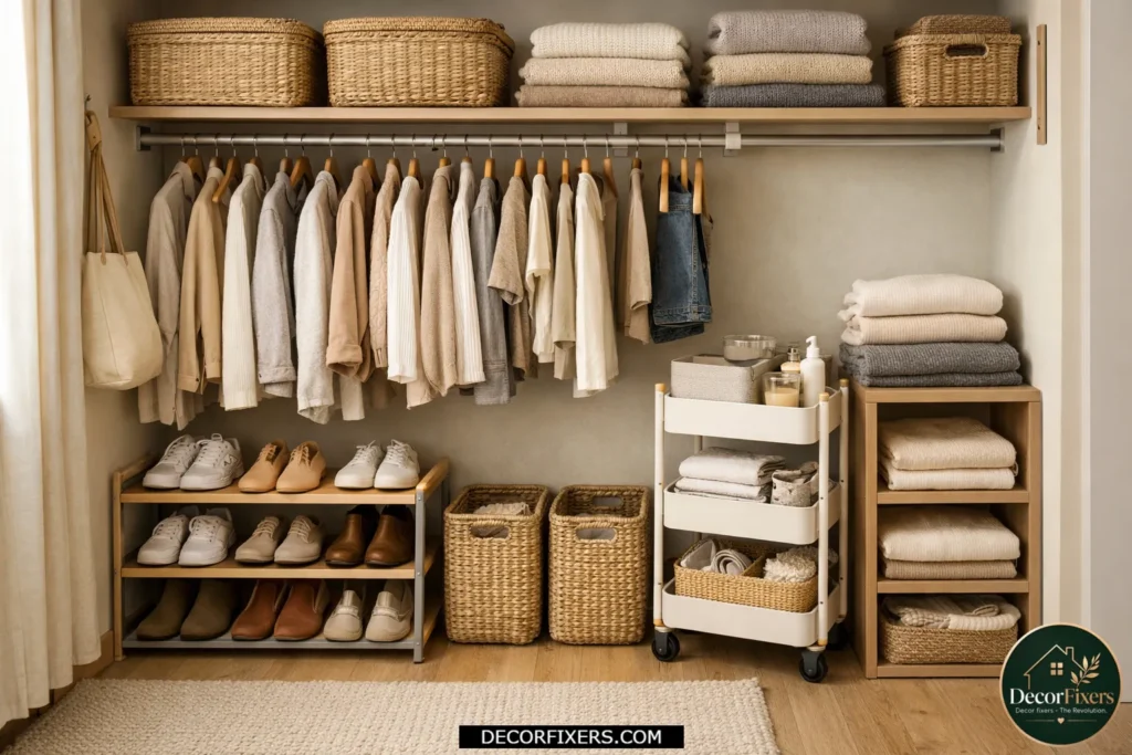 Closet floor storage under hanging clothes with shoe rack and baskets.