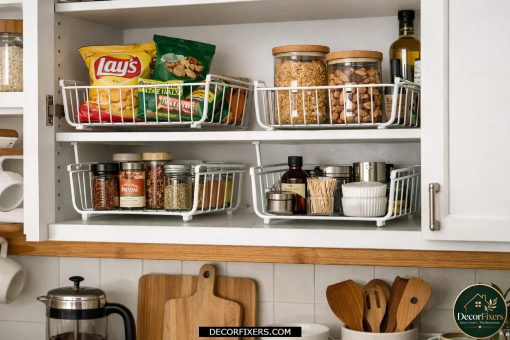 Clip-on under-shelf baskets creating extra storage inside kitchen cabinets.