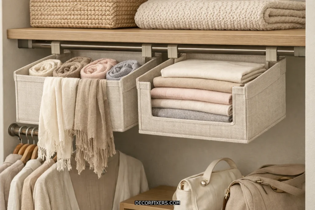 Under-shelf fabric drawer bins in a closet.