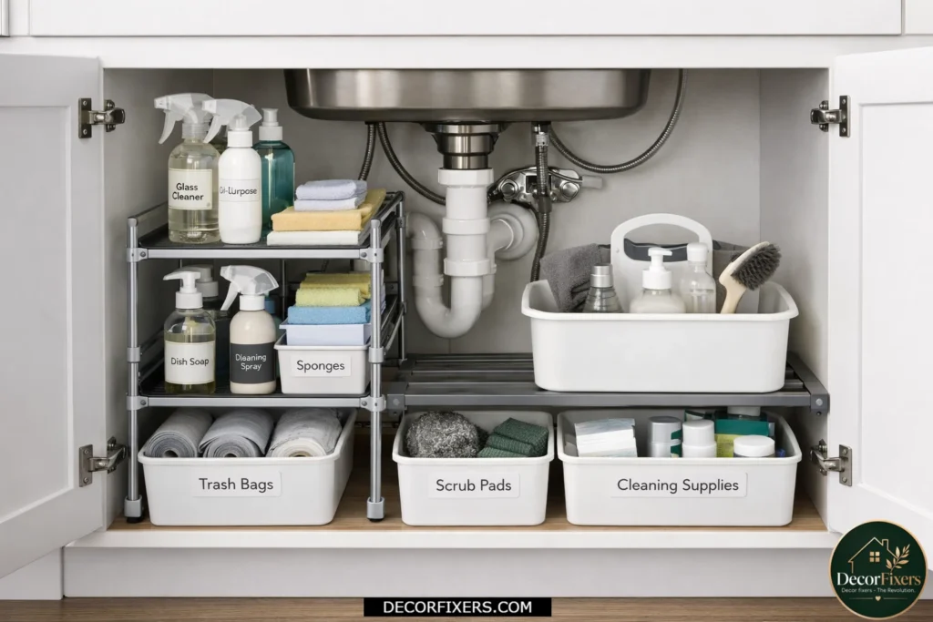 Under-sink cabinet organized with cleaning supplies and storage bins.