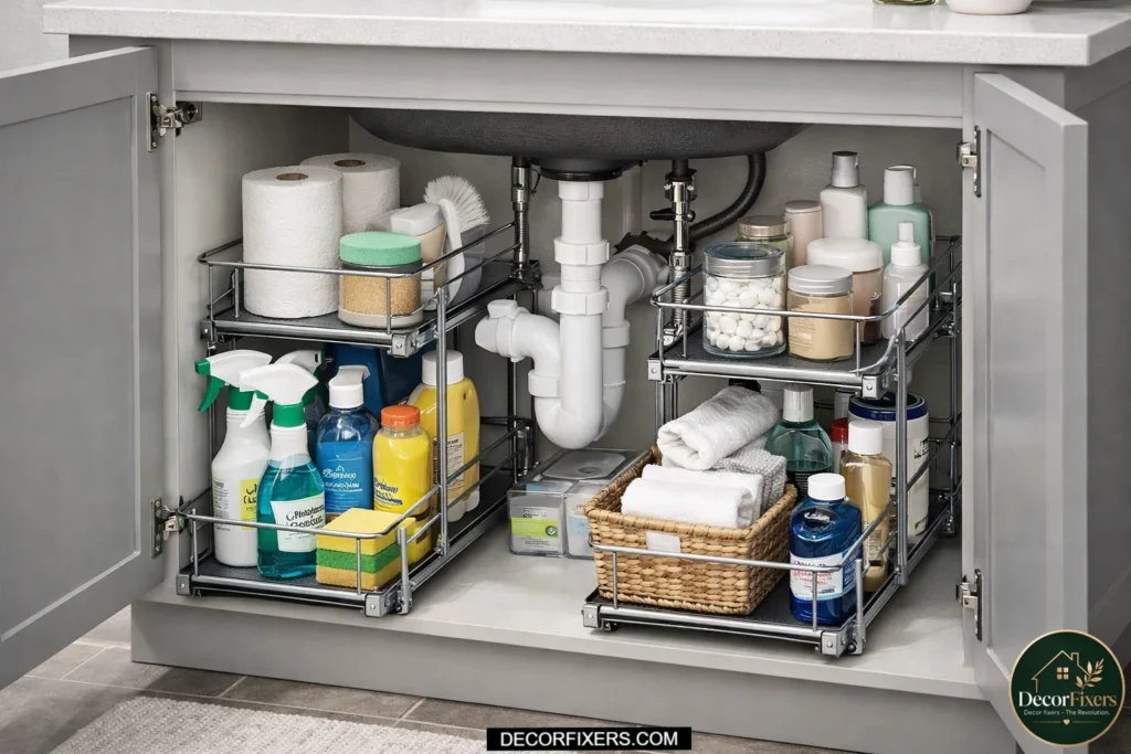 Under-sink organizer maximizing bathroom vanity storage space