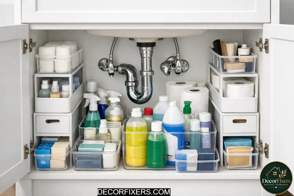 Bathroom cabinet organized around plumbing pipes with side storage bins