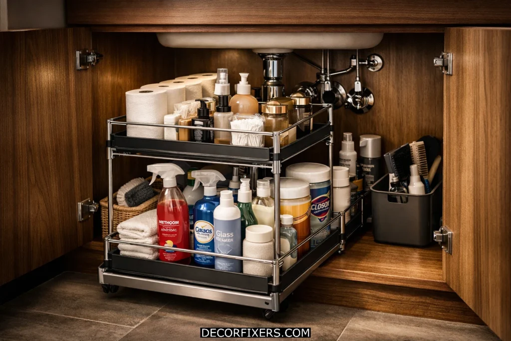 Under-sink pull-out organizer maximizing storage inside compact bathroom vanity cabinet