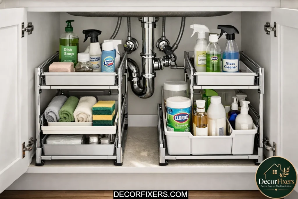 Under-sink pull-out organizer maximizing storage around kitchen plumbing
