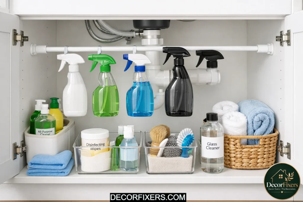 Under-sink tension rod organizing cleaning supplies inside a kitchen cabinet