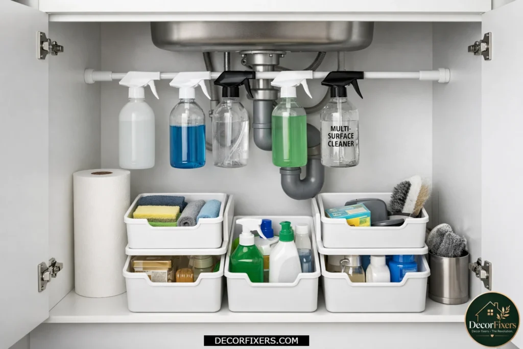 Under-sink tension rod used to organize cleaning bottles and supplies efficiently.