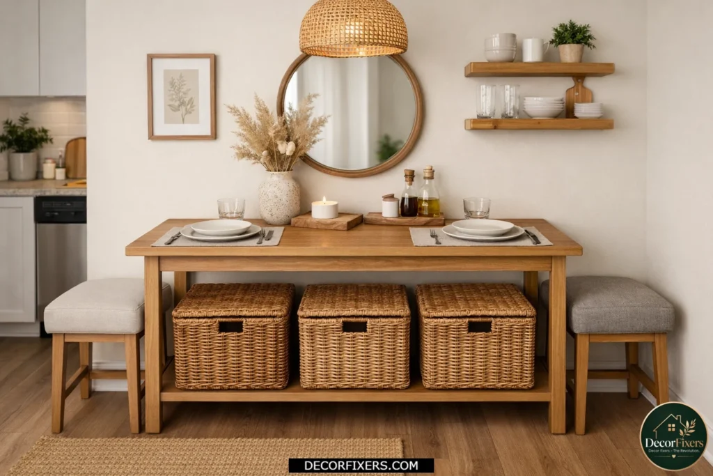 Small dining room using baskets under the table for hidden storage and organization.