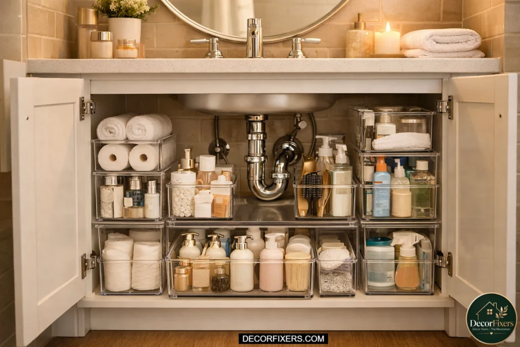 Bathroom vanity cabinet with visible plumbing surrounded by clear stackable bins organizing toiletries and cleaning supplies in a compact apartment bathroom