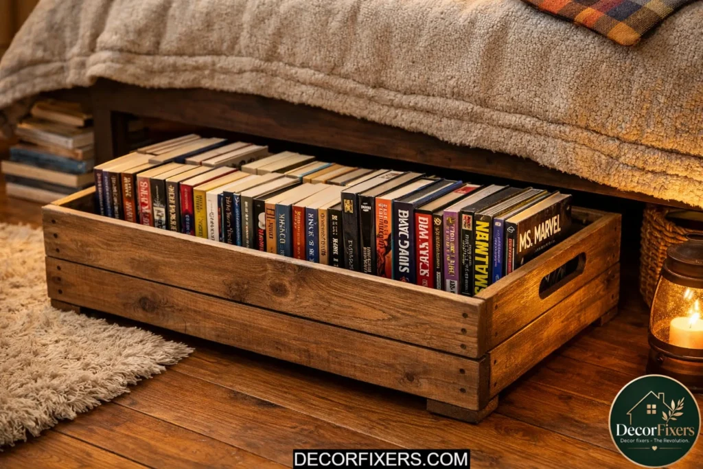 Underbed storage crate organized with books and novels