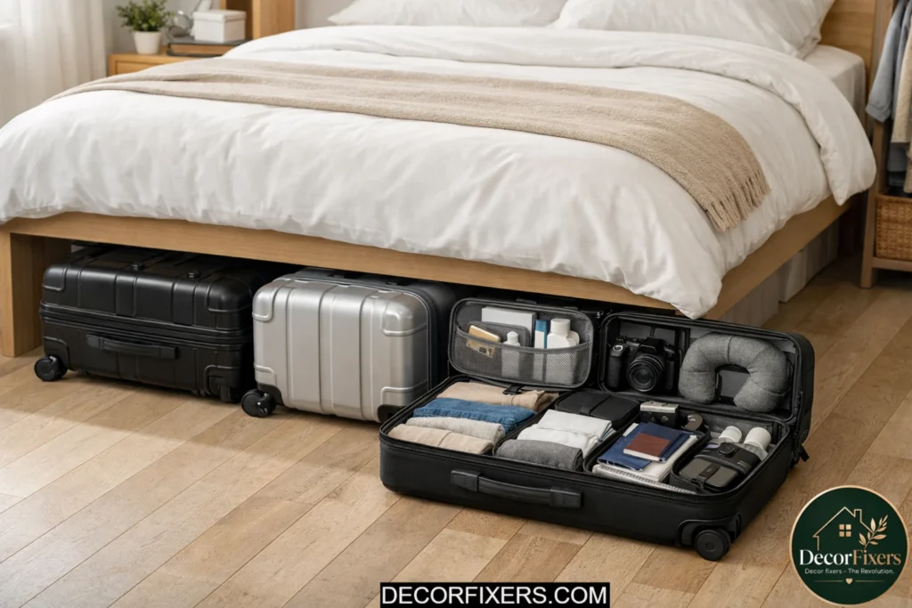 Suitcases neatly stored under a bed in a small bedroom