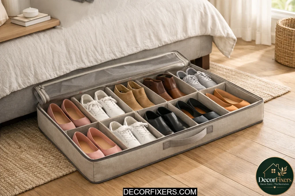 Underbed shoe organizer with separate compartments for shoes