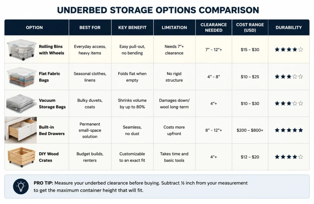 Comparison table showing the best underbed storage options, benefits, clearance needs, and limitations