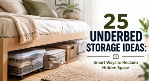 Modern bedroom with organized underbed storage bins and featured text about underbed storage ideas