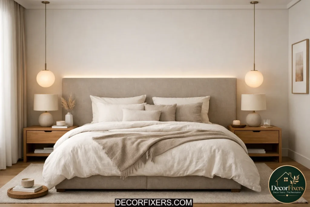 Warm minimalist bedroom with a soft greige upholstered headboard