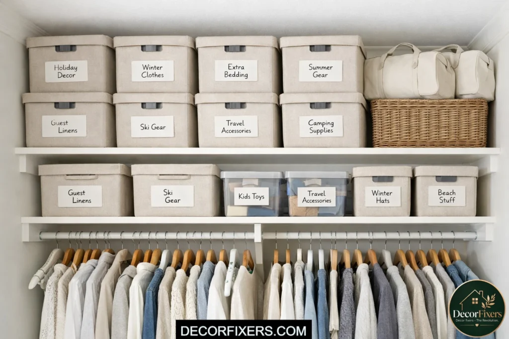Upper closet shelves with double rows of labeled storage bins
