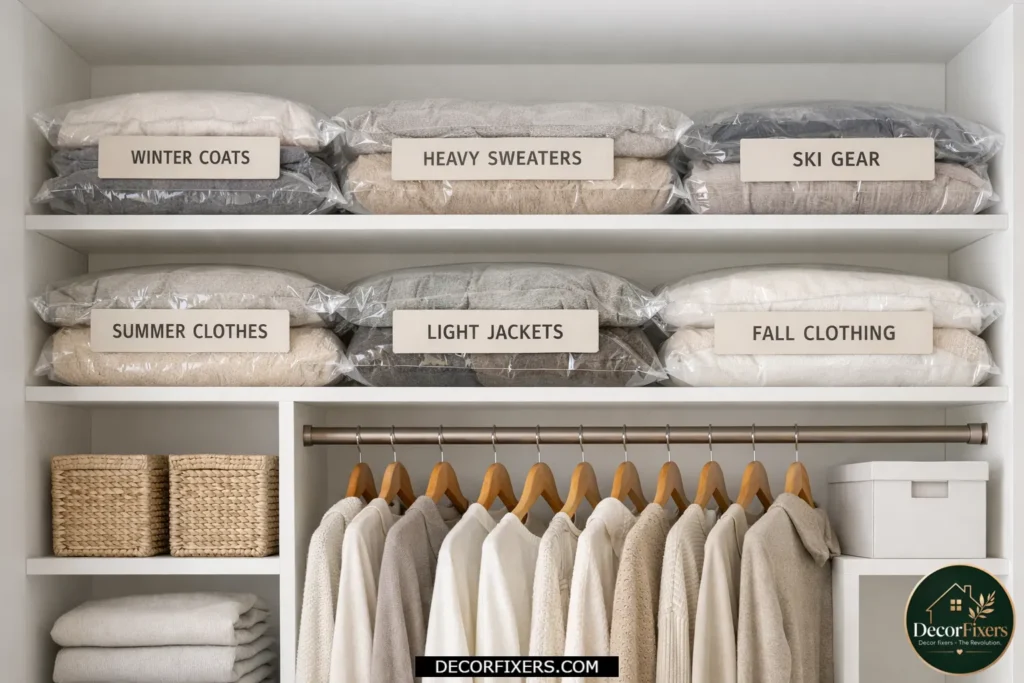 Seasonal clothes stored in vacuum bags on upper closet shelves.