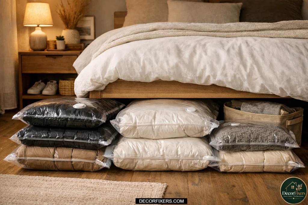 Vacuum-sealed storage bags compressing winter coats, blankets, and duvets stored under a bed in a compact minimalist apartment bedroom