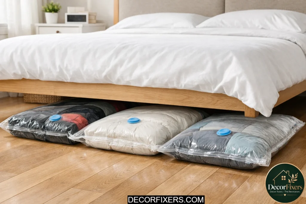 Vacuum-sealed underbed storage bags with bulky winter bedding