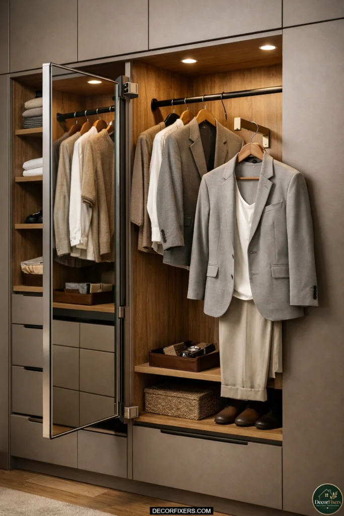 Wardrobe featuring a valet hook and slim pull-out mirror system.