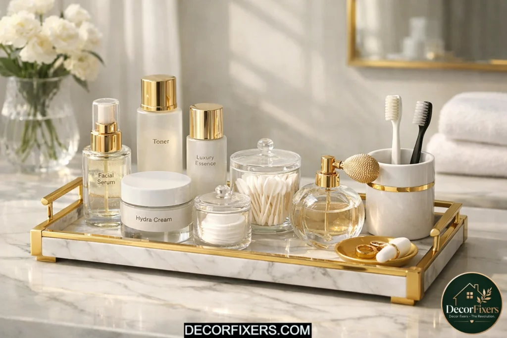Bathroom vanity tray organizing skincare and daily essentials on the counter