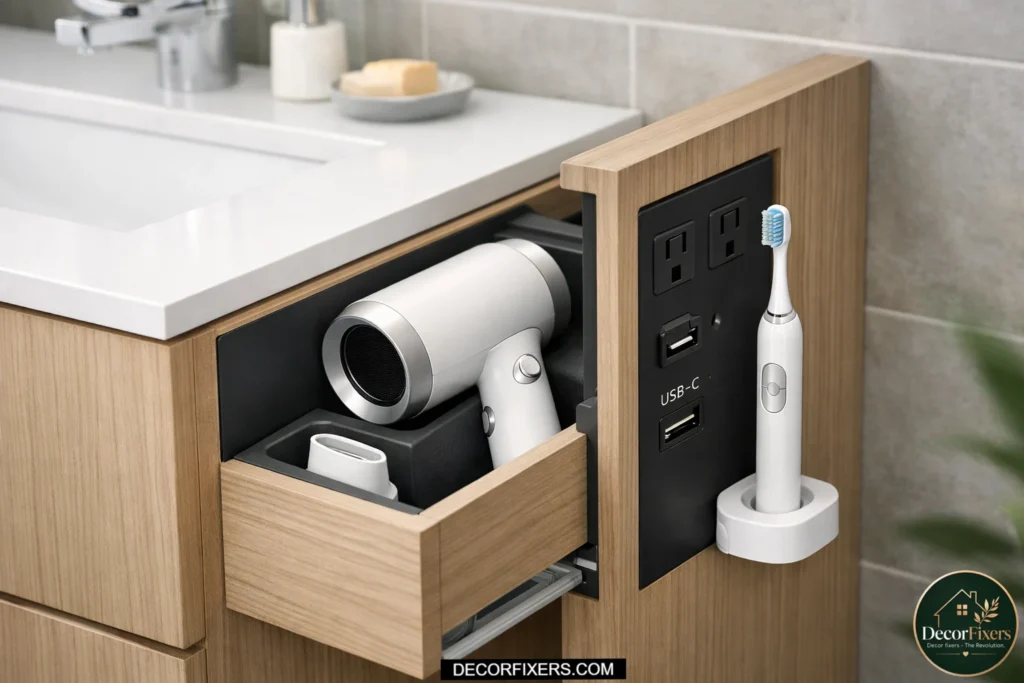 Bathroom vanity with built-in electrical outlets for better organization