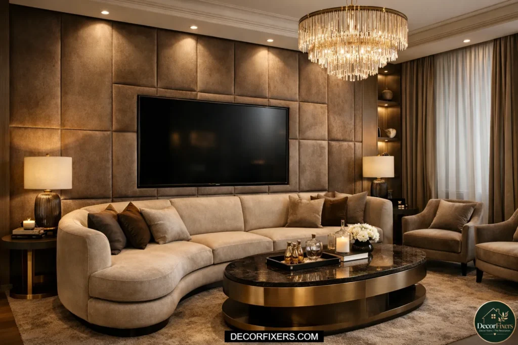 An upholstered living room TV feature wall with stretched velvet fabric panels over foam batting and plywood substrate, providing acoustic softness and rich texture behind a wall-mounted television