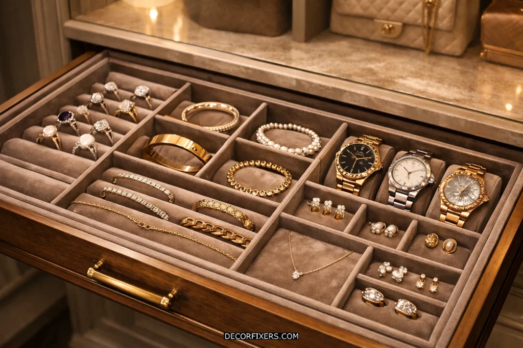 Velvet-lined jewelry insert inside a closet drawer.