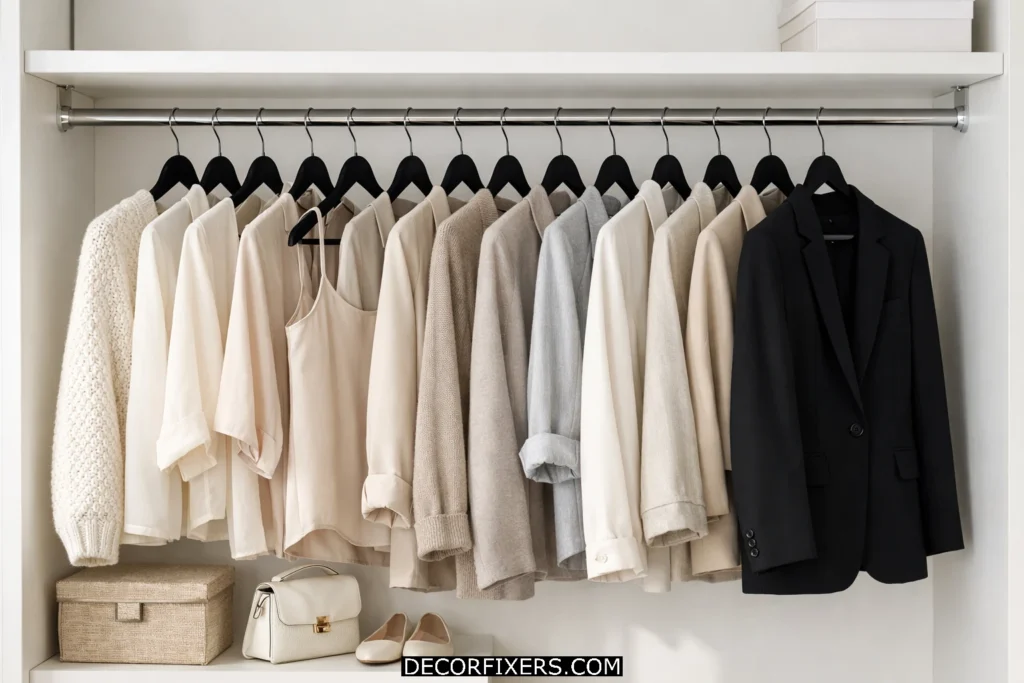 Slim velvet hangers creating more hanging space inside a small closet.