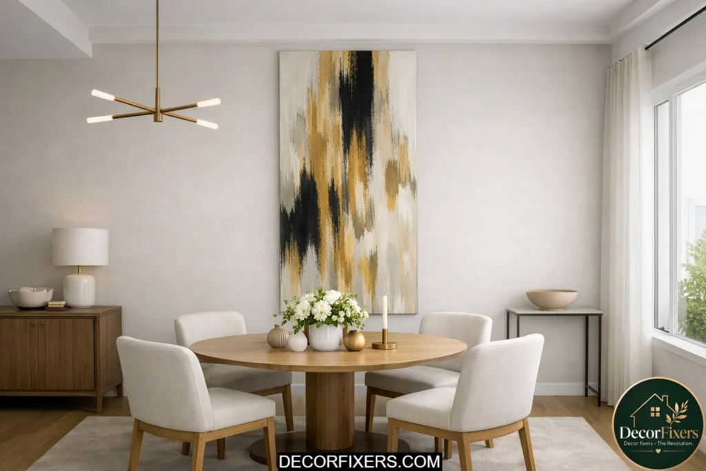 Tall vertical abstract artwork enhancing ceiling height in a small modern dining room