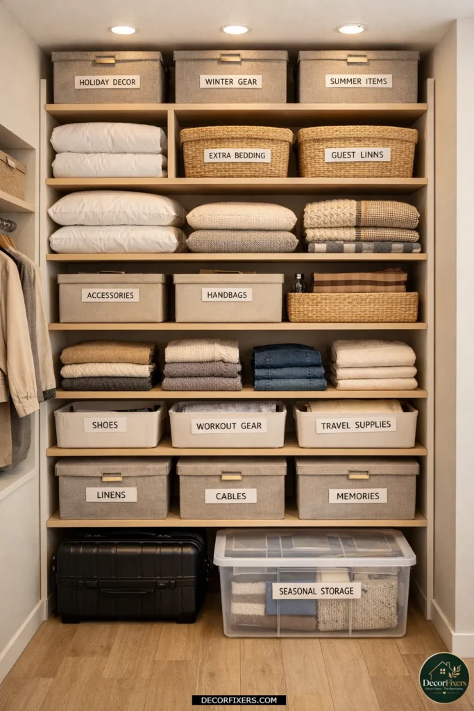 Vertical stacked shelf storage maximizing closet height.