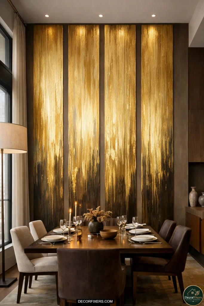 Vertical gold abstract panels on narrow dining room wall.
