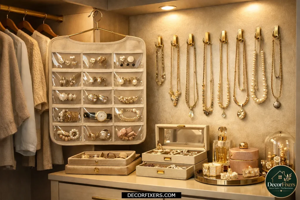 Vertical jewelry organizer storing necklaces and earrings neatly.