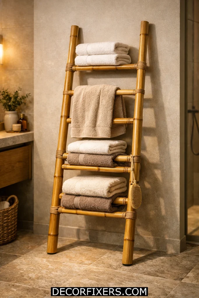 Bamboo ladder towel rack leaning against bathroom wall with folded towels in spa-inspired compact bathroom