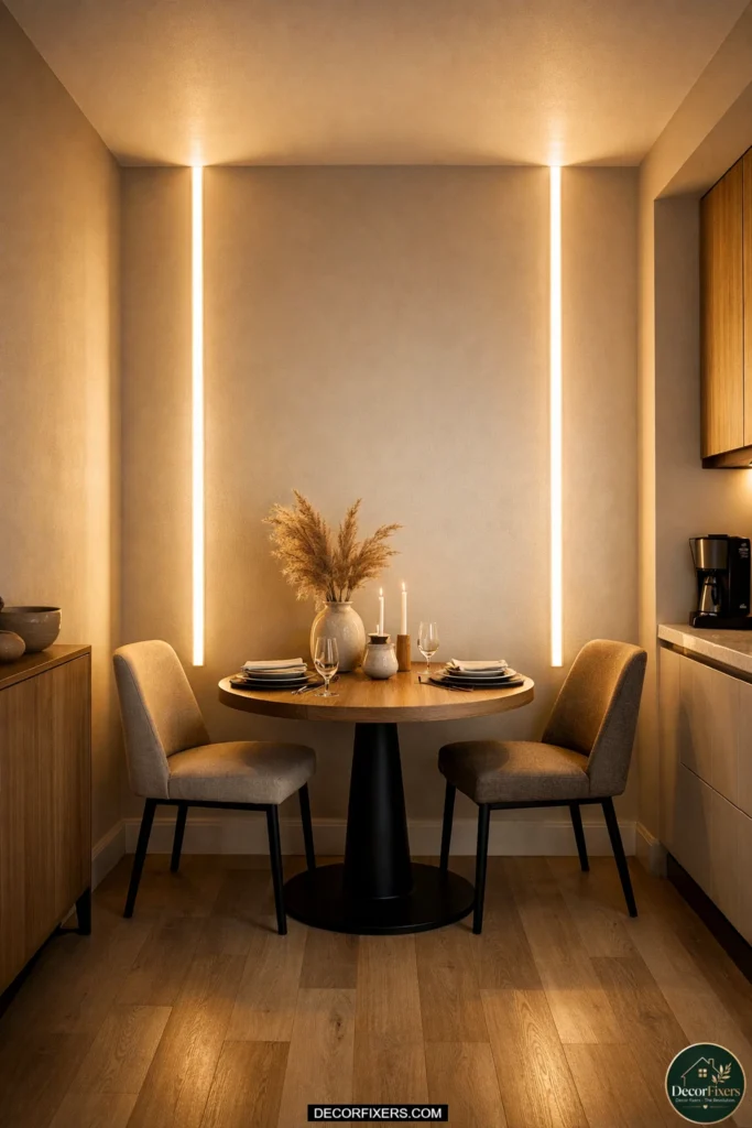 Vertical LED lighting making small dining room ceiling appear taller