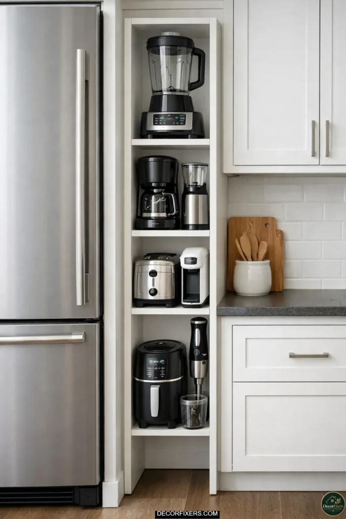 A deep base kitchen cabinet with the middle shelf removed, creating a dedicated vertical appliance zone for a stand mixer and Instant Pot