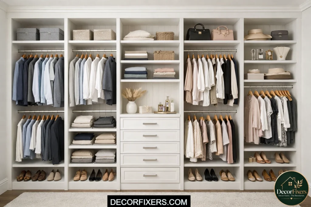 DIY closet with vertical plywood dividers and built-in storage layout