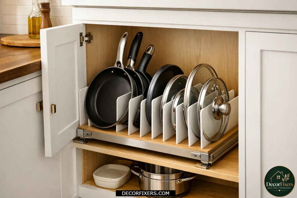 Vertical file-style organizer storing pots and pans inside a kitchen cabinet.