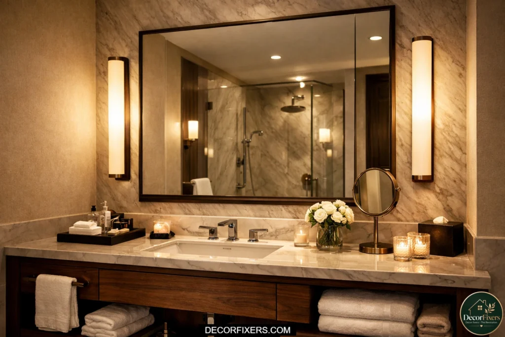 Vertical bathroom sconces beside a large mirror in a boutique hotel-style bathroom.