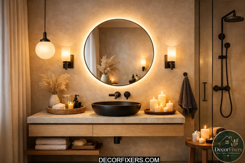 Scandinavian bathroom with vertical shiplap wall paneling and oak accents.