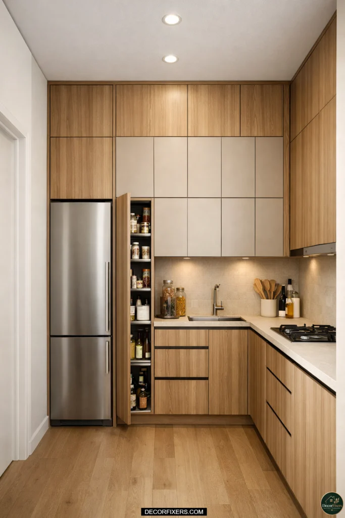 Floor-to-ceiling storage in a compact open-plan kitchen