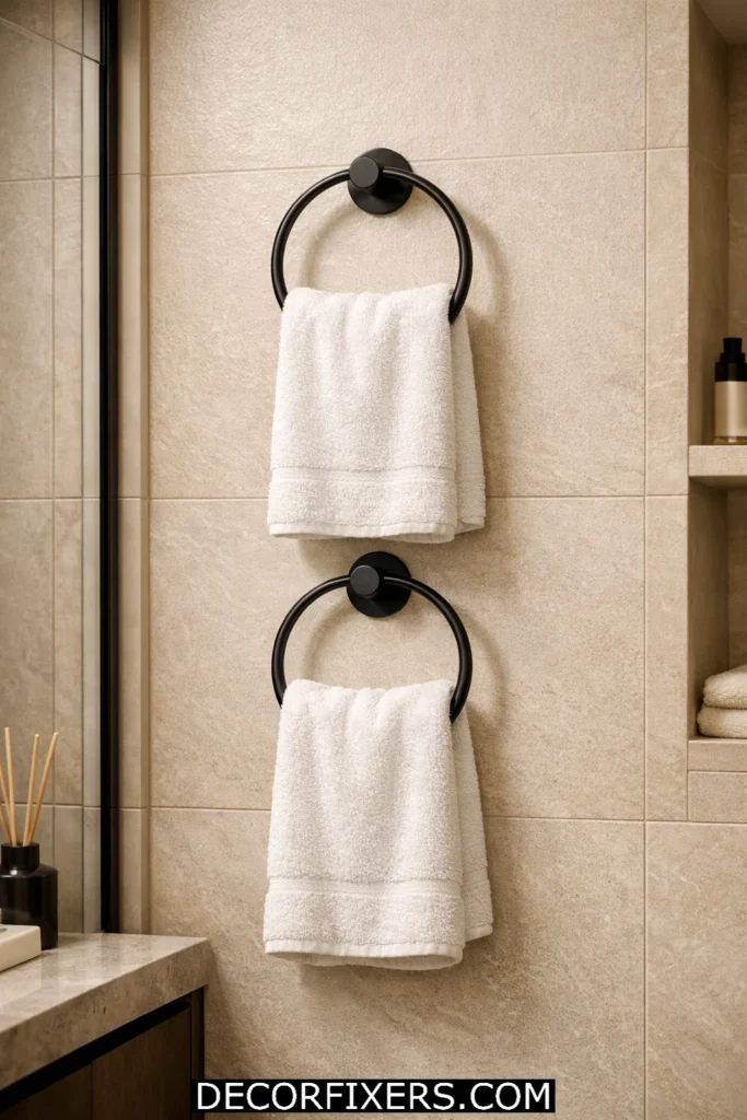 Two vertical matte black towel rings holding white towels on narrow bathroom wall in compact modern bathroom